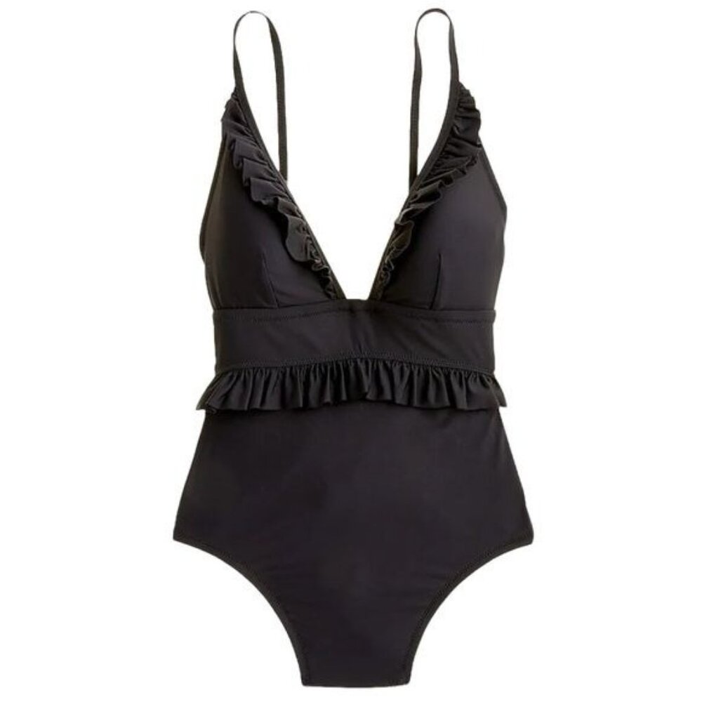 J. Crew Long Torso Ruffle Deep V One Piece Swimsuit Size 0 Black NWT